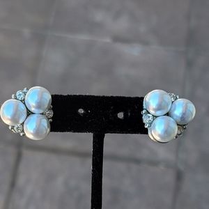 Vtg Faux Pearl Cluster Rhinestone Earrings